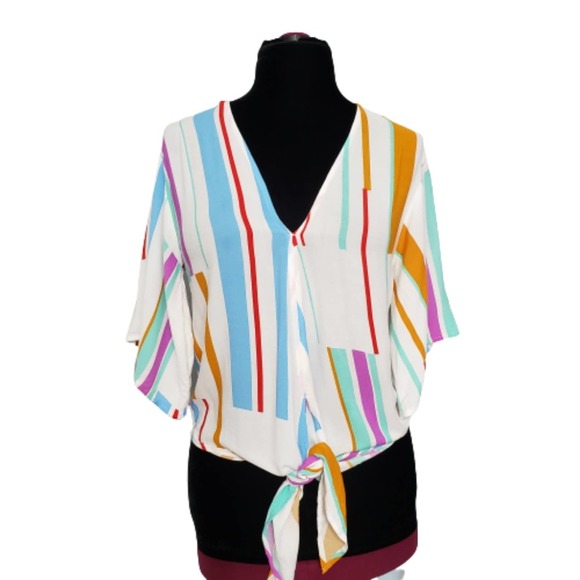 Lovestitch Striped Multicolor Vibrant Tie Blouse Casual Boho Chic Coastal V Neck - Picture 2 of 12